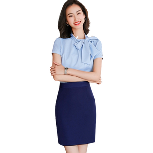 蝴蝶结短袖衬衫女套裙夏天美容院前台服务员酒店足疗浴迎宾工作服