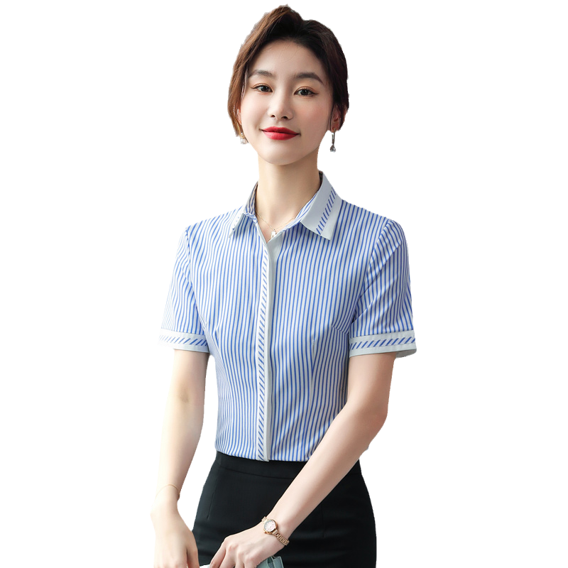 蓝色条纹衬衫女工作服夏季新款薄款正装职业酒店前台衬衣套装工装