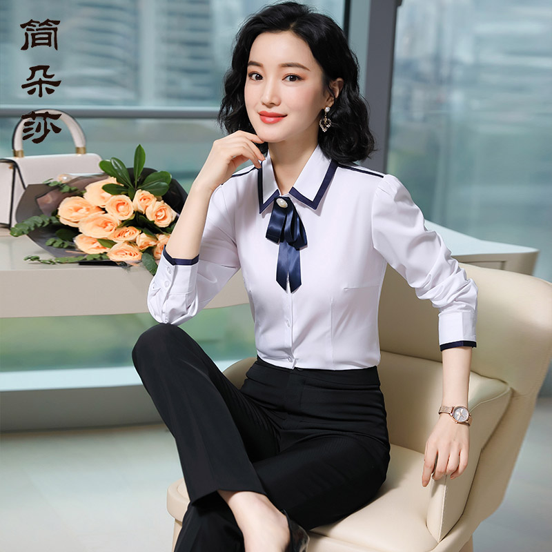 长袖夏秋季领结面试前台白色衬衣