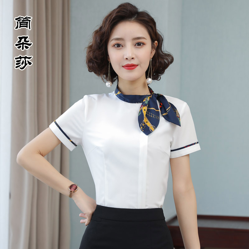 短袖蝴蝶结立领白色时尚工作服