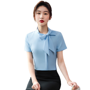 酒店前台服务员工作服短袖夏季白衬衫女时尚蝴蝶结职业美容师衬衣