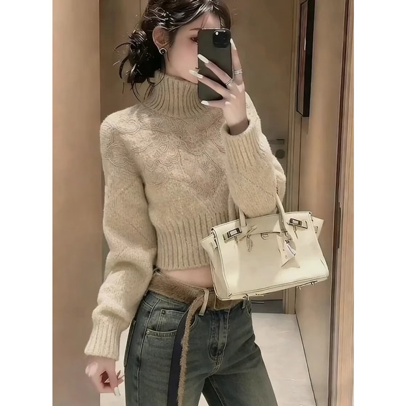 2026春秋新款毛衣女高领蕾丝短款T恤女修身复古美拉德风时髦长袖,女装/女士精品,大码内搭,淘宝优惠券,粉丝福利购,淘宝优惠卷