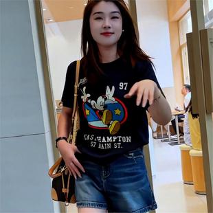 爆款 韩版 新款 圆领纯棉休闲风短袖 卡通米奇印花上衣 t恤女2025夏季