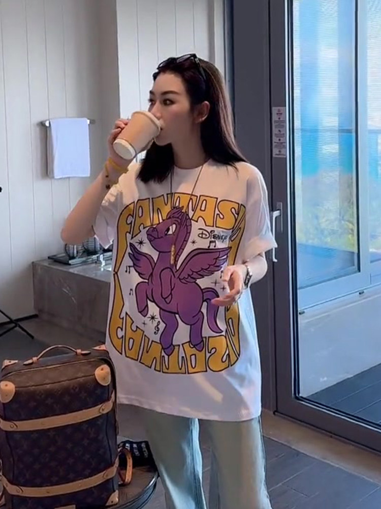 2024新款美式复古梦幻马印花休闲短袖T恤女夏宽松纯棉小众上衣