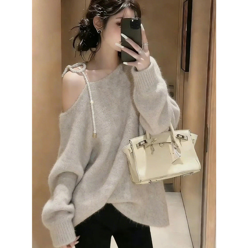 2026春秋新款毛衣女斜肩针织肩带设计中长款休闲宽松复古百搭长袖,女装/女士精品,大码内搭,淘宝优惠券,粉丝福利购,淘宝优惠卷