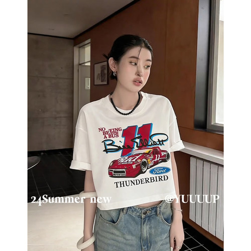 字母汽车潮牌印花T恤短款宽松