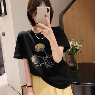 T恤 上衣女2025新款 爆款 夏季 韩系减龄赫本风黑色花卉字母印花短袖