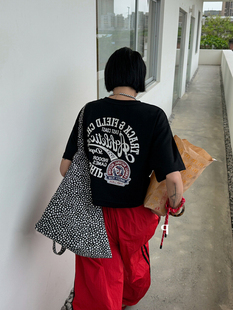 夏季新款T恤女2025圆领字母印花短款百搭宽松纯棉复古重磅短袖潮
