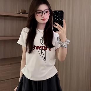 女修身 美式 新款 纯棉百搭印花短袖 显瘦绝美印花上衣 t恤女2025夏季