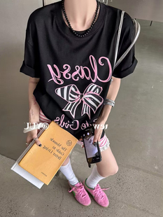 夏季新款T恤女2024圆领条纹蝴蝶结字母印花复古休闲复古短袖潮
