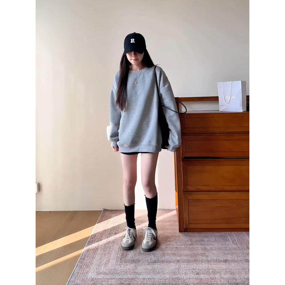 休闲慵懒风灰色圆领套头卫衣女2026秋冬新款加绒加厚宽松百搭上衣
