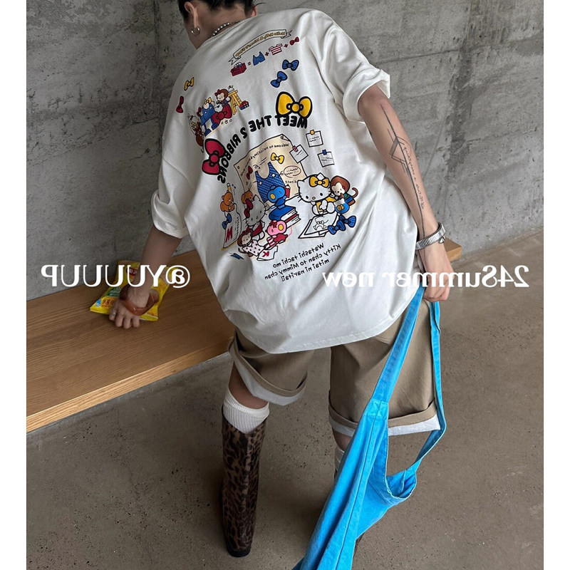 夏季新款T恤女2026彩色蝴蝶结字母印花中长款休闲趣味减龄短袖潮