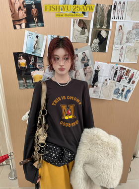 修身打底衫女2025秋冬新款M字母印花T恤复古潮流显瘦百搭时髦长袖