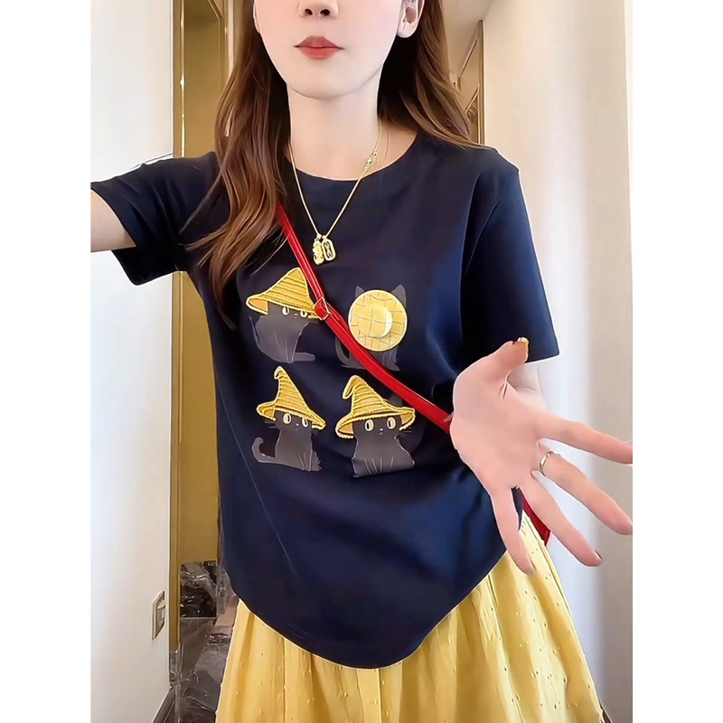 四只猫咪帽子印花T恤复古显瘦正肩小个子短袖2025夏季新款上衣女