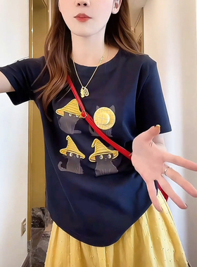 四只猫咪帽子印花T恤复古显瘦正肩小个子短袖2025夏季新款上衣女