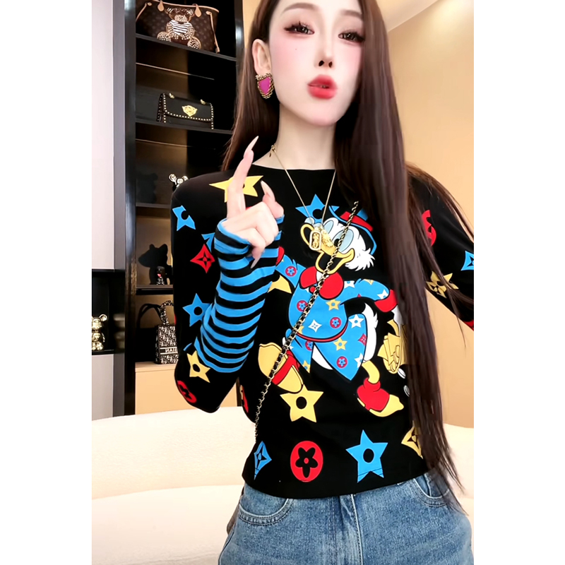 打底衫条纹彩色图案印花小众修身