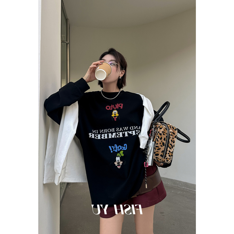 2025春秋新款打底衫女圆领卡通字母印花T恤中长款休闲宽松长袖潮