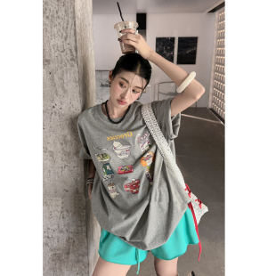 夏季新款T恤女2025圆领字母零食趣味印花小众中长款休闲复古短袖
