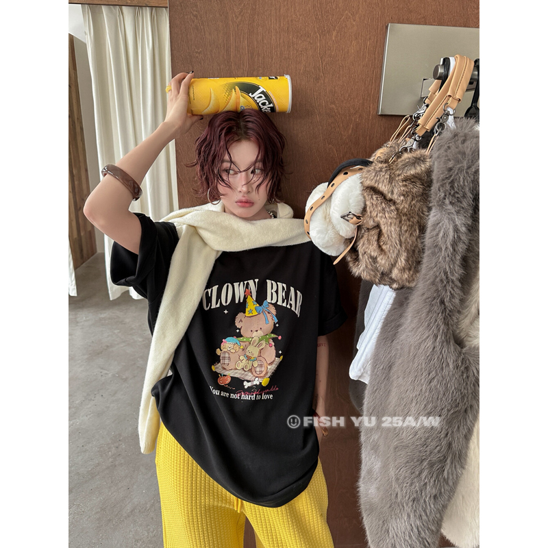 生日小熊印花T恤中长款休闲复古