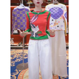 加绒减龄长袖 女兔子托腮字母印花T恤修身 圆领打底衫 2025秋冬新款