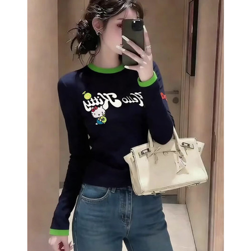 卡通拼色大头猫印花T恤修身