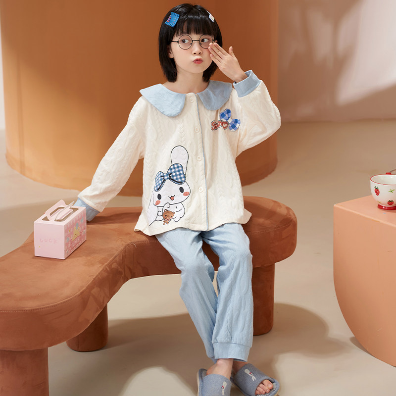 女童纯棉春秋季提花长袖家居服