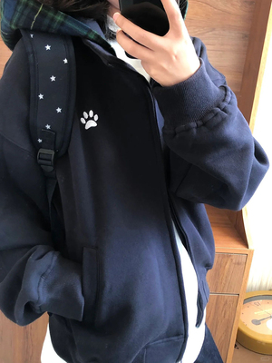 美式加绒加厚连帽外套女春秋冬季2025新款藏青色慵懒风开衫卫衣潮