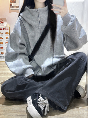 美式复古分割线条连帽卫衣女2025新款秋季高级感宽松休闲灰色外套