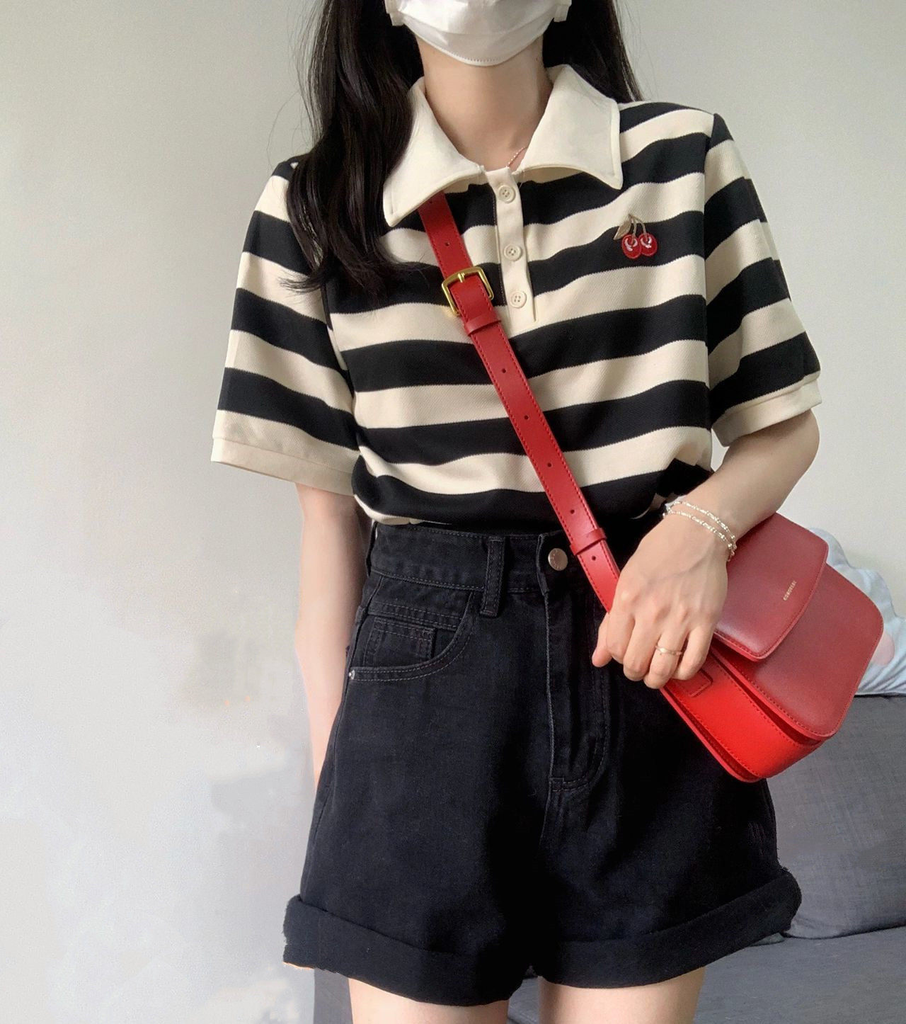 美式复古条纹短袖polo衫女夏季宽松小众设计感正肩t恤别致上衣ins_虎窝淘