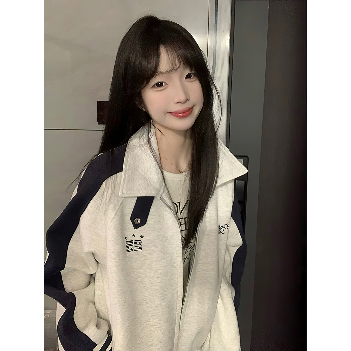 美式复古立领开衫撞色卫衣外套女春秋季设计感宽松慵懒风拉链上衣