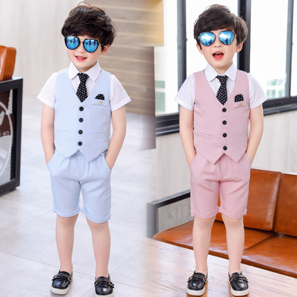 夏款童装韩版男童小西装马甲表演礼服套装儿童西服演出服三件套潮