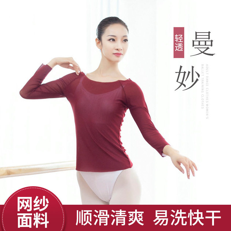 成人舞蹈服女士芭蕾舞练功服古典舞纱衣形体显瘦弹力长袖网纱上衣