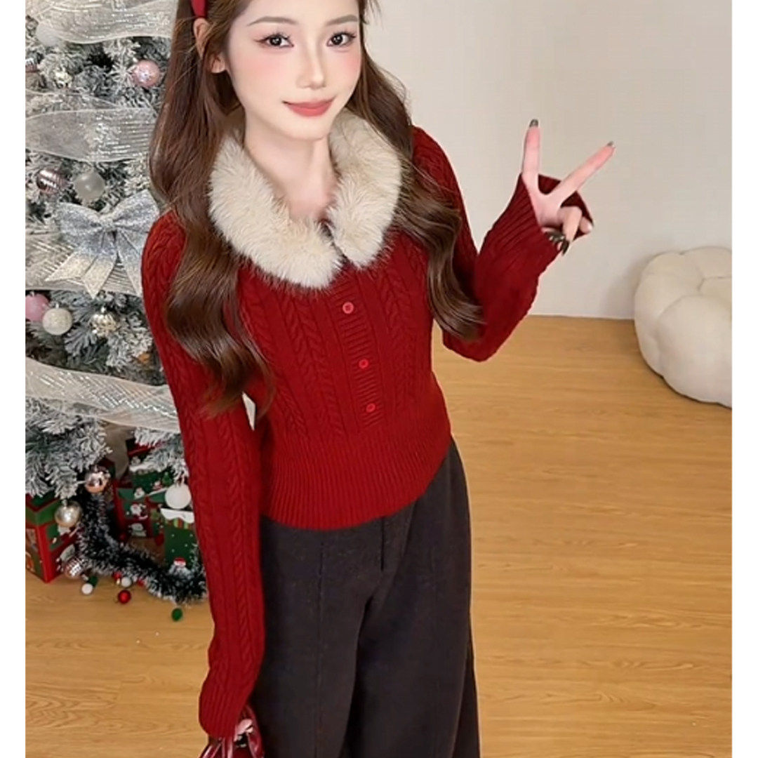 圣诞节穿搭红色套头麻花毛衣女秋冬加厚保暖可拆卸毛领针织衫上衣