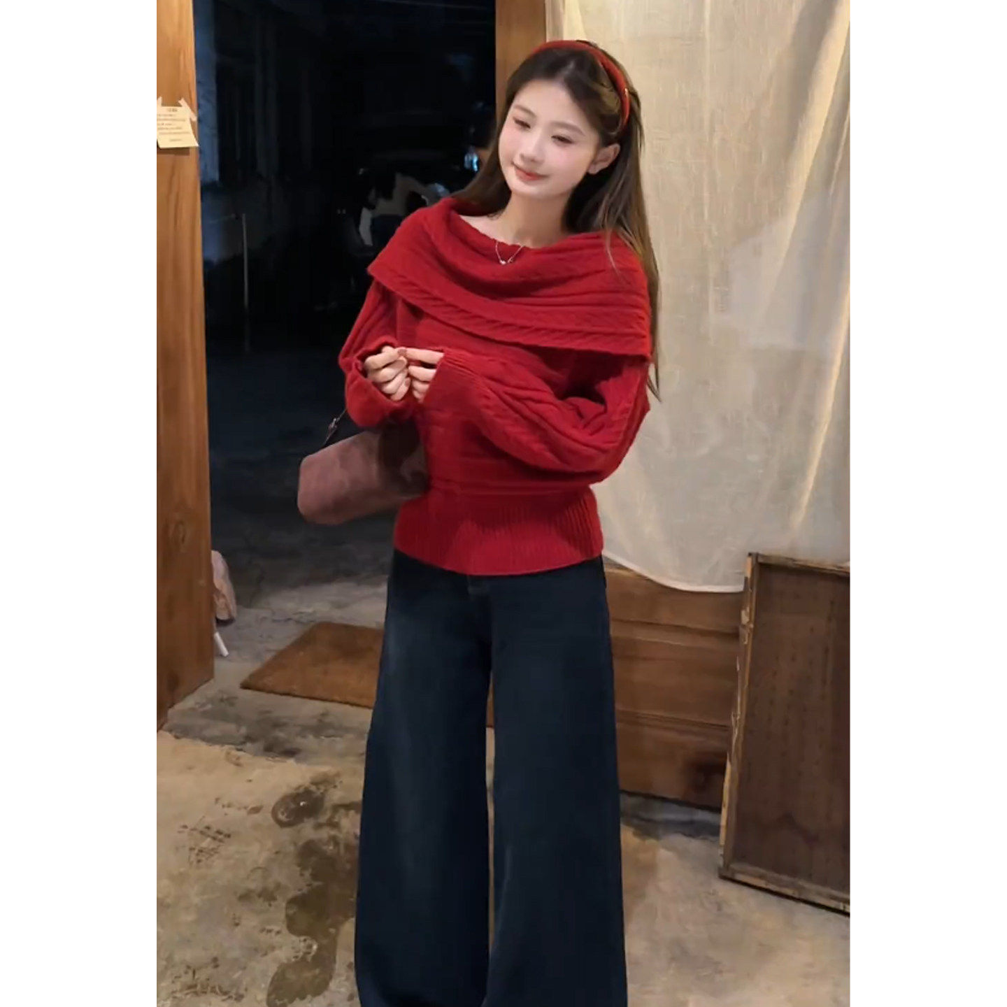 圣诞节穿搭红色一字肩套头麻花毛衣女秋冬季慵懒风露肩针织衫上衣,女装/女士精品,毛衣,淘宝优惠券,粉丝福利购,淘宝优惠卷