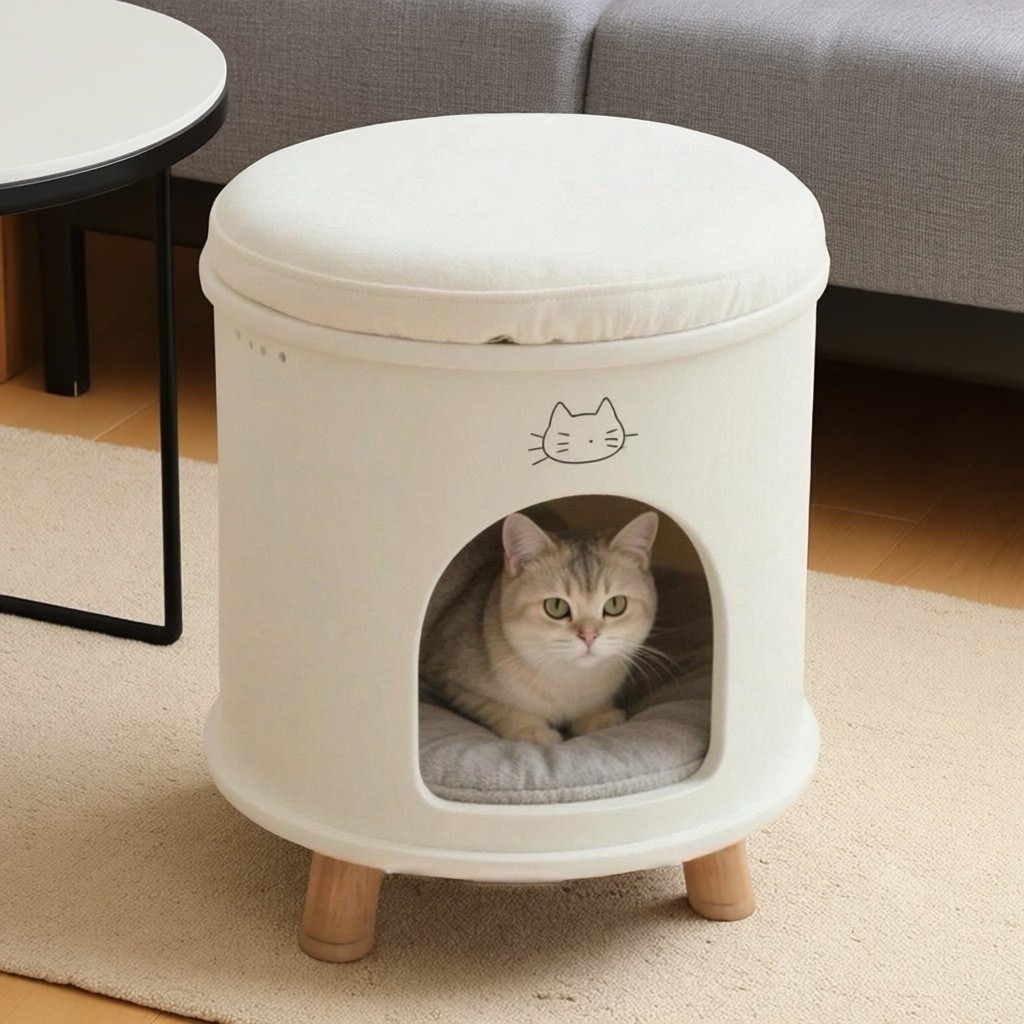 奶油风四季通用圆形人猫一体别墅