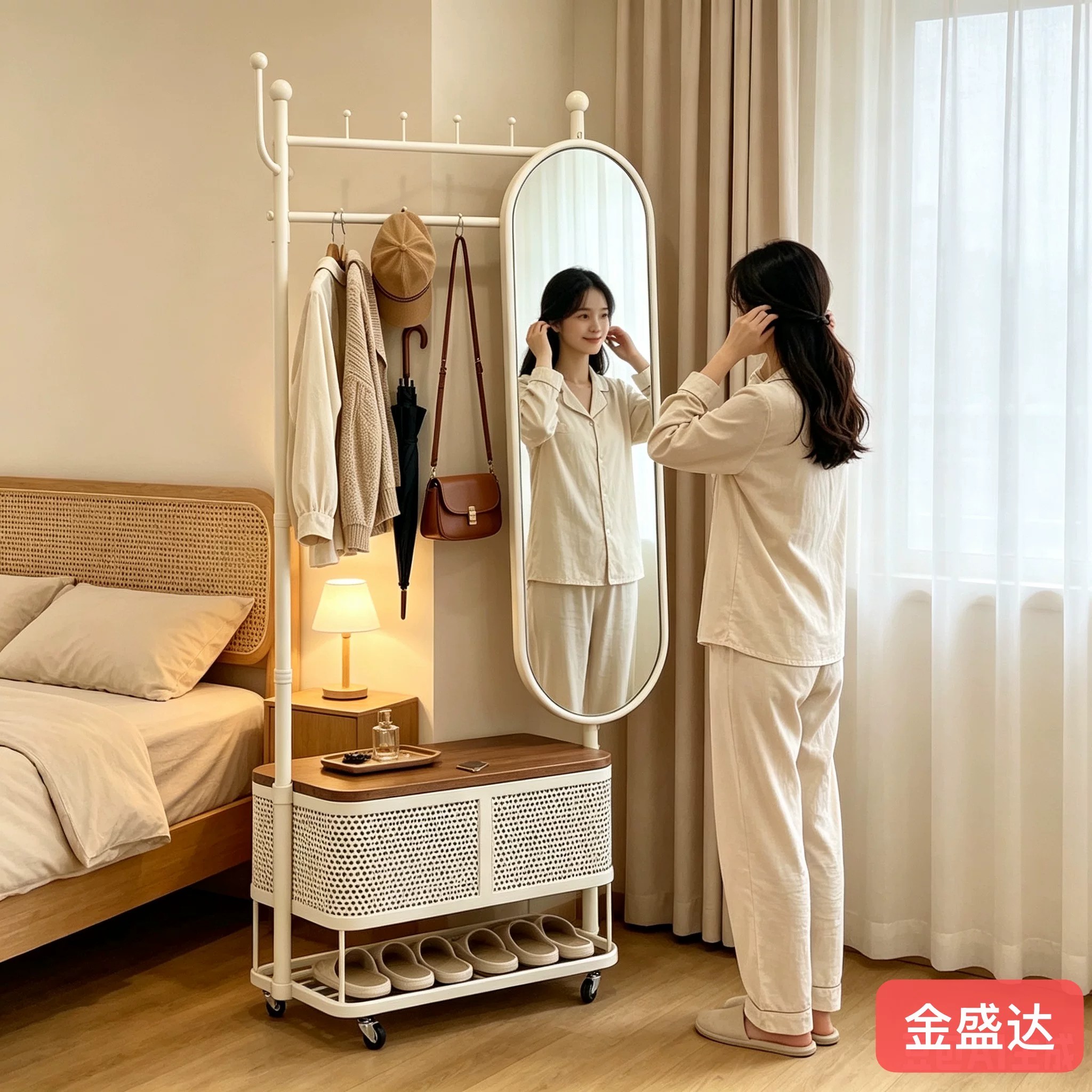奶油风落地衣帽架一体收纳