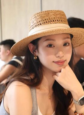 老钱风镂空平顶草帽女夏季沙滩