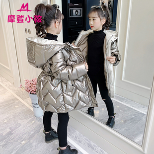 女童冬装 连帽加厚棉袄洋气女孩亮皮免洗羽绒棉服外套 棉衣2025新款