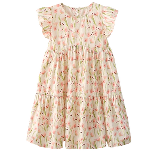 夏季女童碎花连衣裙纯棉布裙香风飞袖背心全棉裙中大童粉田园风洋