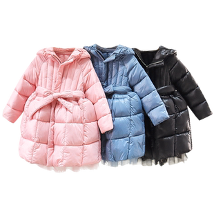 女童冬季加长款棉衣小学生幼儿园棉服棉袄裙摆式韩版蝴蝶结公主洋