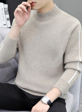 秋冬季半高领毛衣男黑色宽松套头加厚保暖百搭潮流上衣打底针织衫