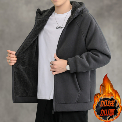 冬季羊羔绒外套男加绒加厚开衫重磅连帽卫衣休闲保暖摇粒绒夹克