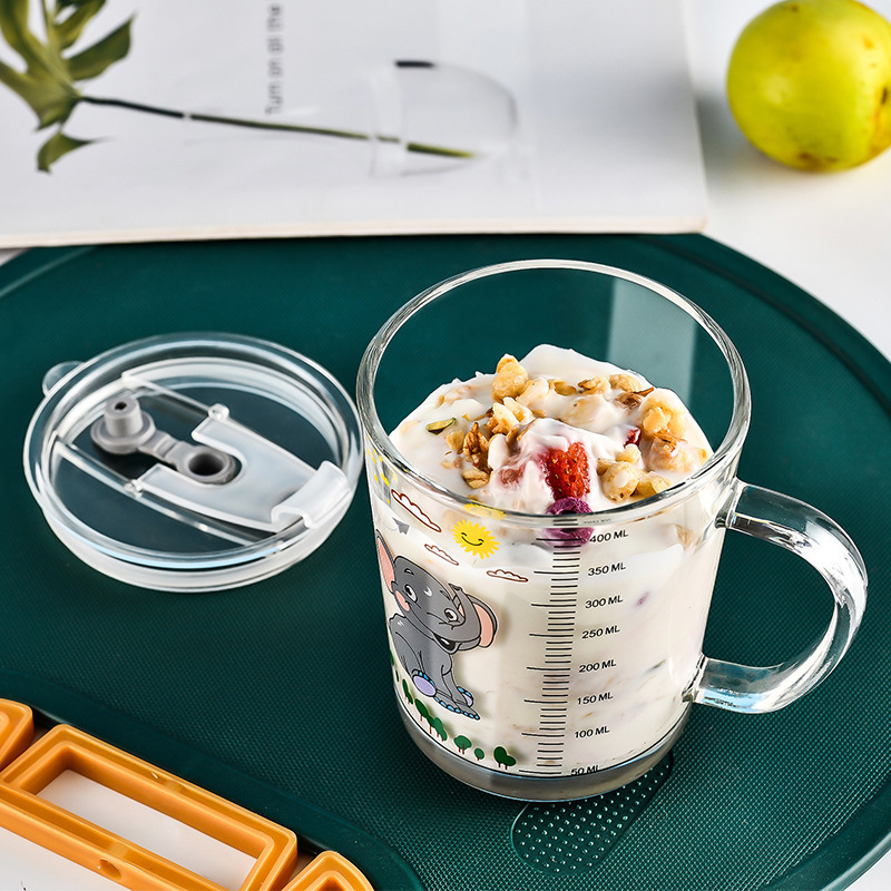 儿童吸管水杯400ml带刻度水杯牛奶玻璃杯带盖家用牛奶杯水杯