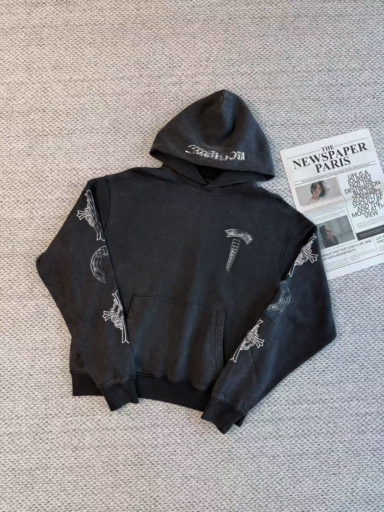 thumbnail for Winter fleece-lined Sanskrit print vintage distressed washed zip-up hoodie jacket oversized loose sweatshirt unisex style