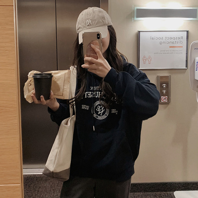 Slowand韩国官网女装代购22秋新款 韩范休闲刺绣字母插兜连帽卫衣