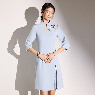 新中式旗袍工作服职业装连衣裙女礼仪接待工装裙技师茶艺师工作服