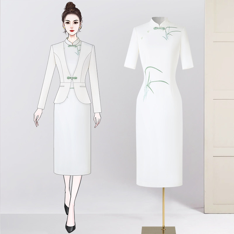 国风旗袍茶艺师工服茶楼中式工装