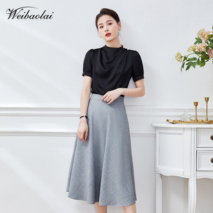 缎面衬衫女半身裙中长款伞裙气质女神范职业黑色衬衣ol通勤女装夏