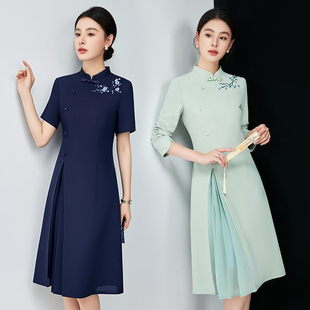 新中式轻国风连衣裙司仪礼仪接待茶艺师改良旗袍工作服职业连衣裙