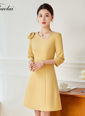 职业连衣裙女珠宝美容院美容师高端前台工作服黄色正式场合连衣裙